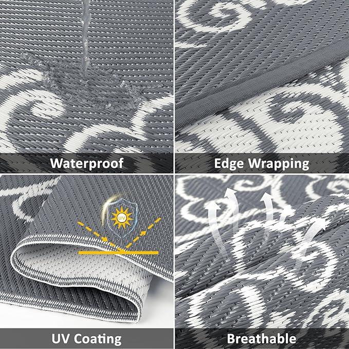 Pauwer Waterproof Outdoor Rug 6x9, Reversible Plastic Straw Patio Camping Rug, Indoor Outdoor RV Mat Carpet for Deck, Camper, Porch, Balcony, Backyard, Picnic, Floral Grey