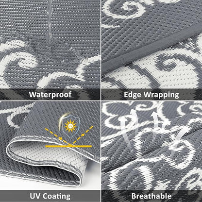 Pauwer Waterproof Outdoor Rug 6x9, Reversible Plastic Straw Patio Camping Rug, Indoor Outdoor RV Mat Carpet for Deck, Camper, Porch, Balcony, Backyard, Picnic, Floral Grey