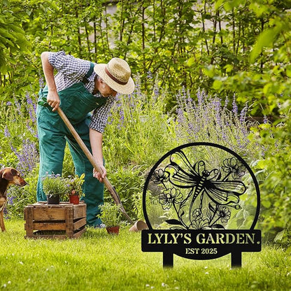 Personalized Metal Dragonfly Garden Signs with Stake, Custom Garden Signs for Outside Waterproof, Customized Name Sign Yard Lawn Gardens Decor Gardening Gifts for Moms Grandmas Gardeners