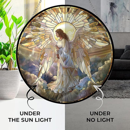 Angel Mushroom Stained Glass Window Hanging, 9.8’’Sun Catcher Glass Panel Boho Wall Art Decor with Chain, Hand Painted Round Glass Gifts for Couples, Housewarming Gift
