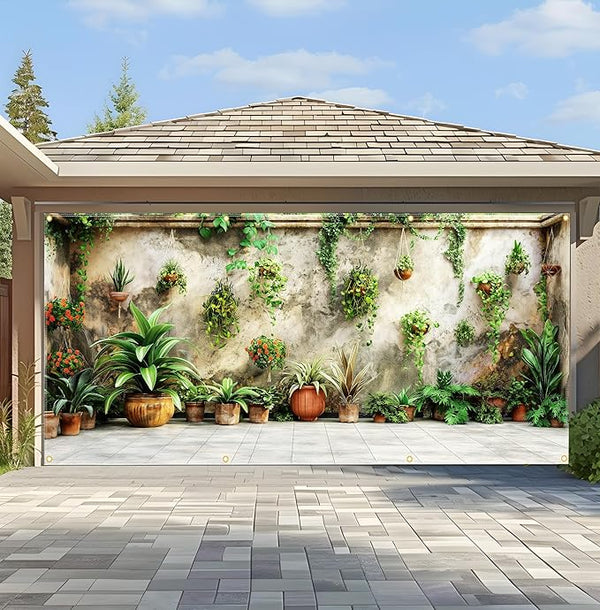 Large Garage Door Cover 157.5x70.9in Garden Plant Garage Door Banner Outdoor Decorations with Grommets & Rope, Waterproof Garage Door Decorations for House Exterior Spring Patio Decor