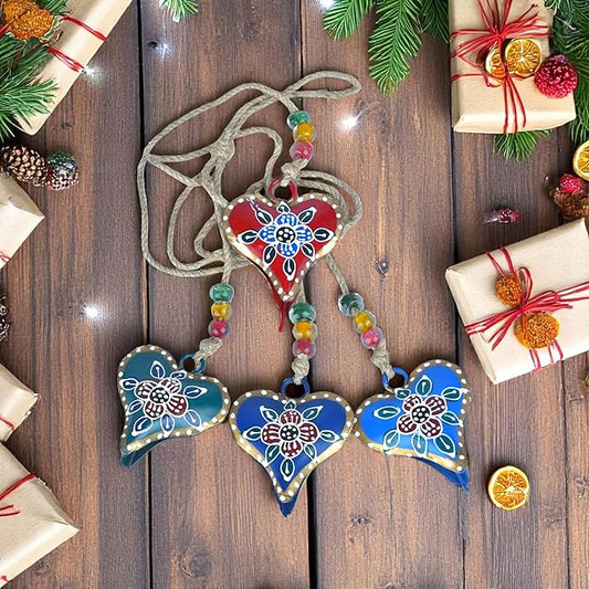 Heart Shaped Metal Bell Chime, Hanging Wind Chime for Outside with 4 HandPainted Bells for Christmas Decorations Cowbells, Jingle Bells, Wind Bell for Craft, Vintage Garland Hanger (Multi 33")