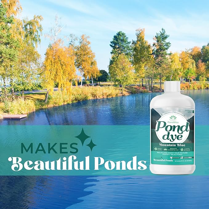 Mountain Blue Pond Dye, Fish Safe 1 Acre Concentrate for Koi, Ornamental and Livestock Ponds - 1 Quart Liquid Dye (32oz)