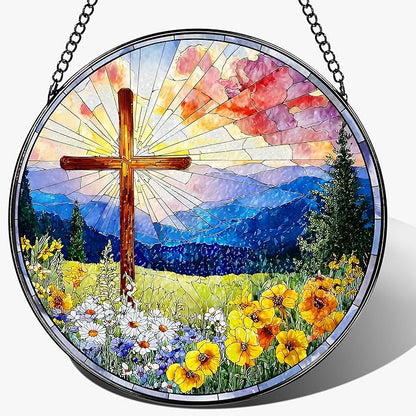 8 Inch Christian Cross Sun Catcher, Stained Glass Window Hanging, Religious Suncatcher for Windows, Sun Catchers Indoor Window, Christian Gifts, Religious Cross Gifts, Faith Home Decor