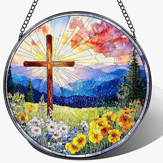 8 Inch Christian Cross Sun Catcher, Stained Glass Window Hanging, Religious Suncatcher for Windows, Sun Catchers Indoor Window, Christian Gifts, Religious Cross Gifts, Faith Home Decor