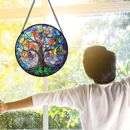 DASTOLL Stained Glass Window Hanging, Butterfly Tree Clover Sun Catchers Glass Panel Blue Suncatcher Decor for Birthday for Women, Men, Wife, Aunt, and Mom 9.8 in