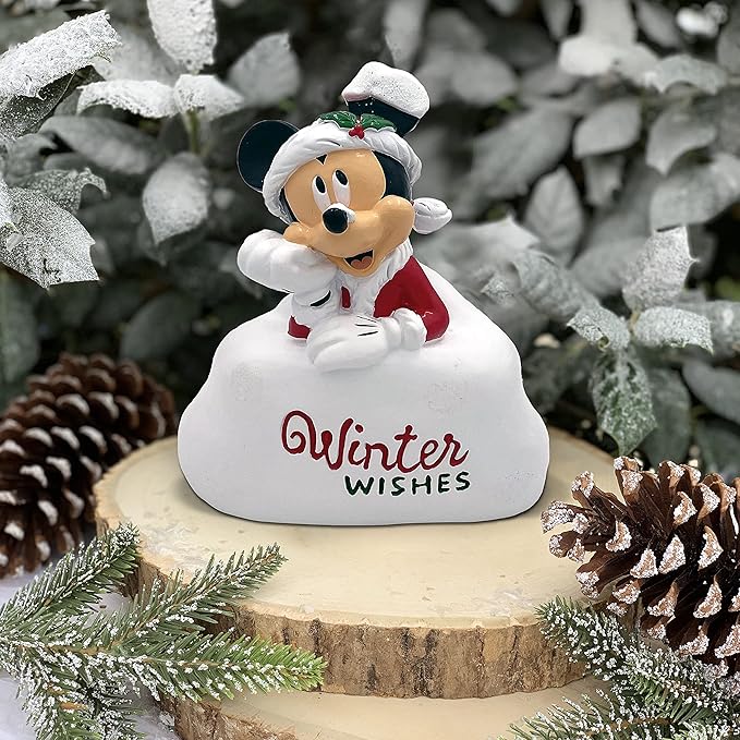 Disney Mickey Mouse Winter Wishes Glittery Snow Scene Christmas Outdoor Garden Statue, 5 inches Tall, Officially Licensed Disney Product