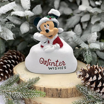 Disney Mickey Mouse Winter Wishes Glittery Snow Scene Christmas Outdoor Garden Statue, 5 inches Tall, Officially Licensed Disney Product