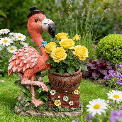 Flamingo Garden Statue Planter with Welcome Sign & Solar LED Light, Waterproof Outdoor Resin Yard Decor, Front Porch Ornament Housewarming Gift(Left Pink Flamingo)