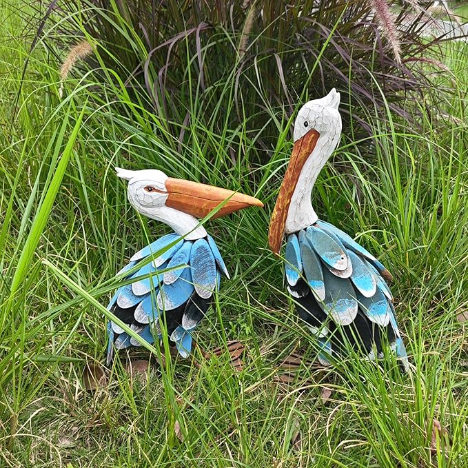Metal Garden Sculpture, Pelican Outdoor Statue, Hand Painted Wood Chips Coastal Ocean Bird Decoration