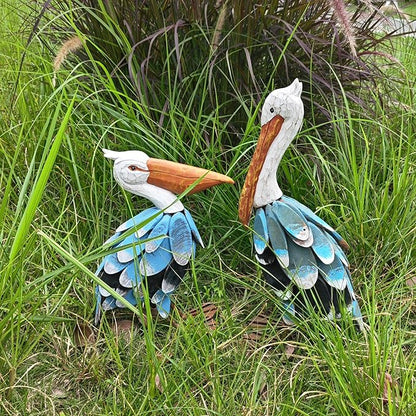 Metal Garden Sculpture, Pelican Outdoor Statue, Hand Painted Wood Chips Coastal Ocean Bird Decoration