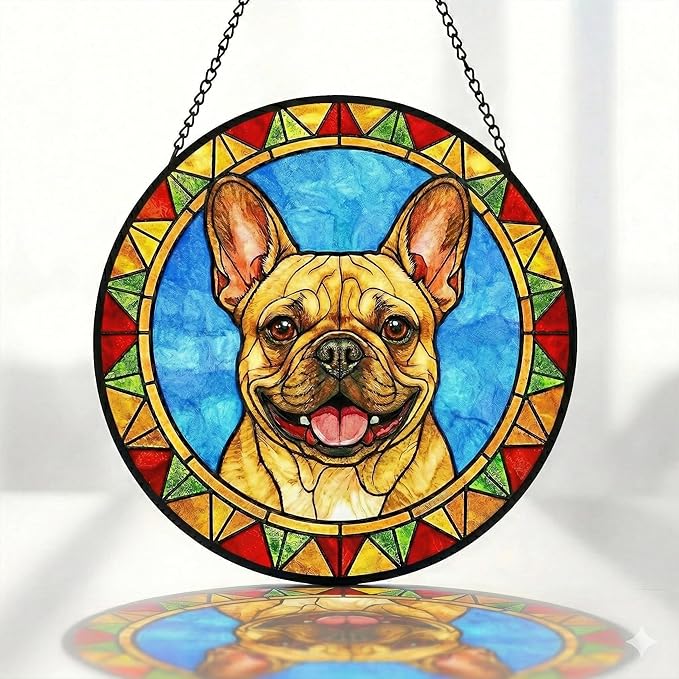 Stained Glass Dog Memorial Suncatcher,French Bulldog Window Hanging,Sympathy Gifts for Pet Loss,7.9 inch/20 cm Home and Garden Decor for Dog Lovers