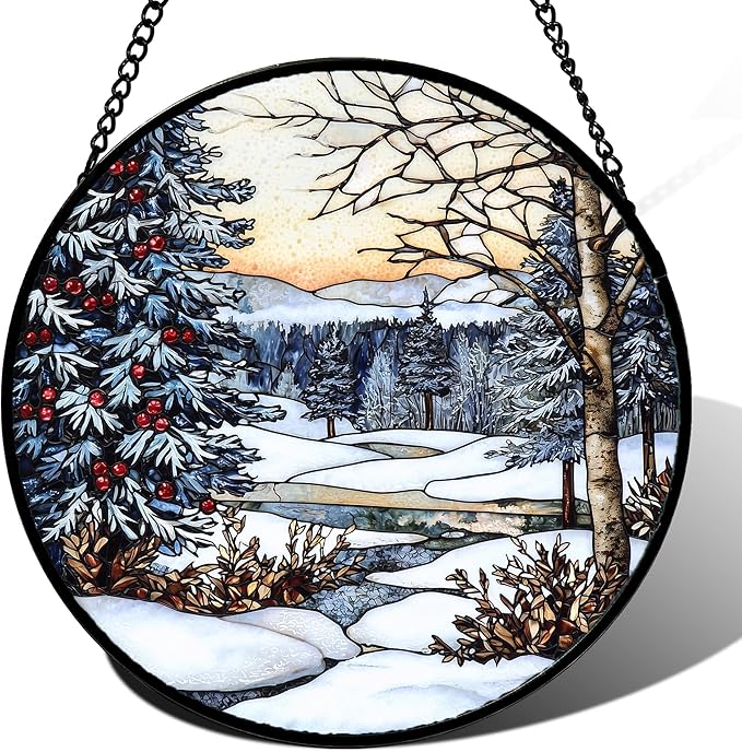 DASTOLL Stained Glass Window Hanging, Winter Snow Landscape Suncatcher Diamond Glass Panel Sun Catchers Decor for Birthday for Women, Men, Wife, Aunt, and Mom 14.9 in