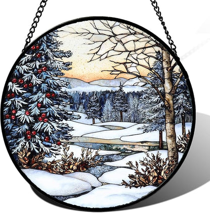 DASTOLL Stained Glass Window Hanging, Winter Snow Landscape Suncatcher Diamond Glass Panel Sun Catchers Decor for Birthday for Women, Men, Wife, Aunt, and Mom 14.9 in
