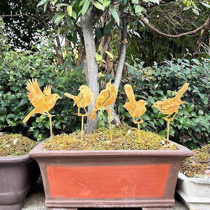 5PCS Rusty Birds Decoration Garden Stakes,Metal Birds Garden Decor for Outside,Rustic Wren Bed Decorations,Bird Lover Gifts for Women Mom Grandma Wife,Outdoor and Yard Art, Lawn Ornaments