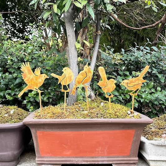 5PCS Rusty Birds Decoration Garden Stakes,Metal Birds Garden Decor for Outside,Rustic Wren Bed Decorations,Bird Lover Gifts for Women Mom Grandma Wife,Outdoor and Yard Art, Lawn Ornaments
