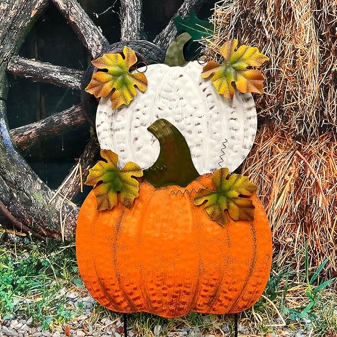 Set of 2 Rustic Metal Stacked Pumpkin Garden Stake Indoor Outdoor Welcome Decoration Hanging Metal Double Pumpkins Yard Signs for Fall Harvest Decor Thanksgiving Halloween Lawn Decoration