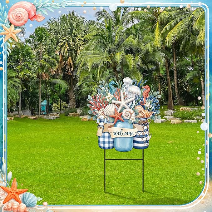 Amyhill Summer Outdoor Decor Coastal Garden Stake 25 Inch Metal Ocean Welcome Yard Sign with Seashell Starfish, Outdoor Nautical Decor for Patio Lawn Walkway Beach Themed Decorations