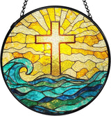 Easter Coastal Christian Cross Suncatchers Stained Glass Window Hanging, Ocean Beach Cross Sun Catchers Indoor Window Glass Round Wall Decor, Christian Wall Hanging Decorations, 7.9x7.9in