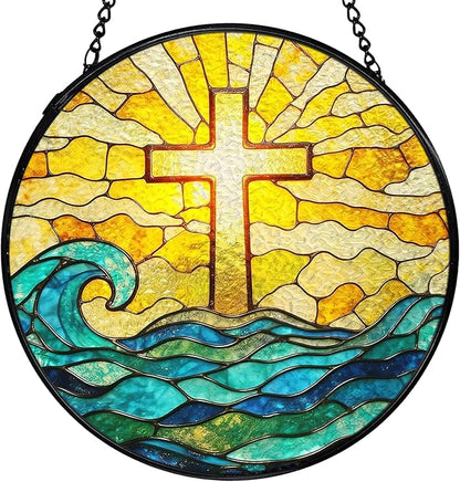 Easter Coastal Christian Cross Suncatchers Stained Glass Window Hanging, Ocean Beach Cross Sun Catchers Indoor Window Glass Round Wall Decor, Christian Wall Hanging Decorations, 7.9x7.9in