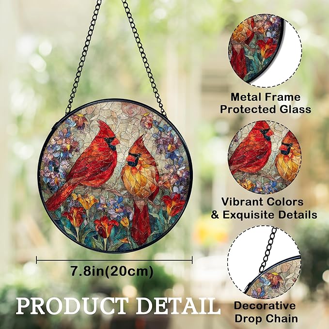Cardinal Suncatchers Stained Glass Window Hanging, Cardinal Gifts for Women,Red Flower Sun Catchers Indoor Window Glass Round Wall Decor, 7.9x7.9in