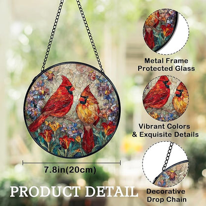 Cardinal Suncatchers Stained Glass Window Hanging, Cardinal Gifts for Women,Red Flower Sun Catchers Indoor Window Glass Round Wall Decor, 7.9x7.9in