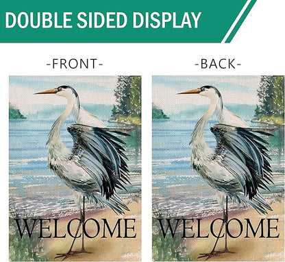 Furiaz Welcome Spring Summer Seabird Coastal Beach Small Decorative Garden Flag, Blue Heron Yard Bird Sea Lake Ocean Home Outside Decoration, Nautical Tropical Outdoor Decor Double Sided 12x18