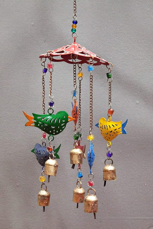 Beautiful Large Wind Chimes Outdoor Sound Rich Relaxing Tones - Carousel with Tin Bells and Beads - Music to Your Ears (6 x 15 inches, Red Green Blue Birds)
