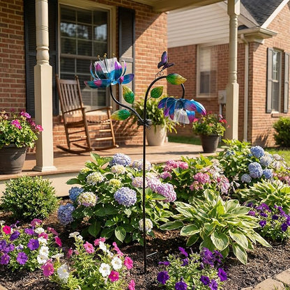 Solar Wind Spinner Outdoor Metal Garden Decor – 2-in-1 Kinetic Double Lotus Flower Stake with Glowing Fiber Optic Lights, Multi-Color Spinning Yard Art Sculpture for Patio, Lawn, and Pathway