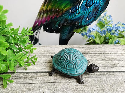 BSTGIFTS Cast Iron Turtle Key Hider - Spare Key Holder & Garden Decoration - Trinkets Box for Jewelry, Ear Studs, Ring & Paper Clips (Antique Blue)