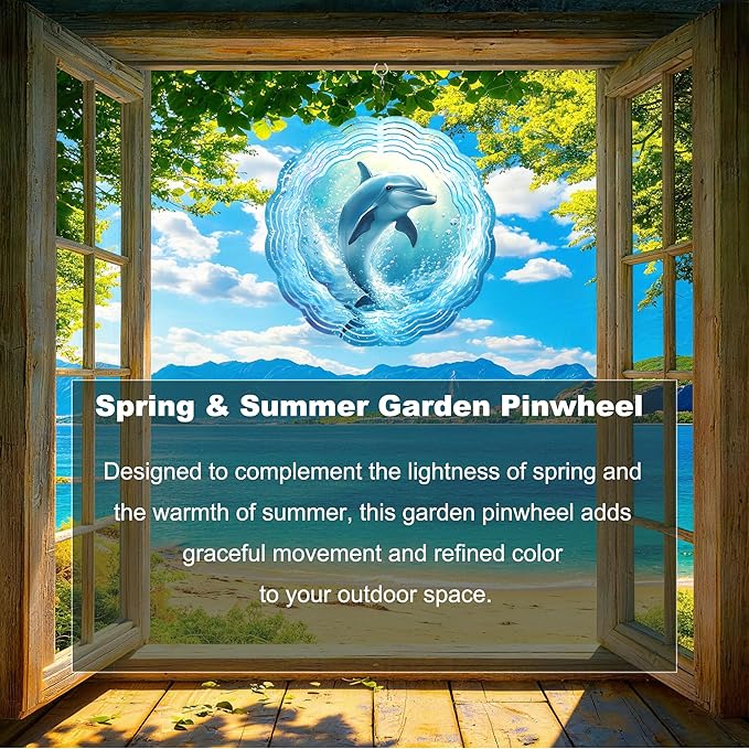 10x10 Inch Wind Spinner Outdoor Hanging Dolphin Water Swirl Metal Kinetic Spiral Ornament for Yard Garden Patio Porch Balcony Tree Window Decor Gift