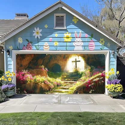 Easter Garage Door Banner 157.5x70.9in Large Spring Garage Door Cover Outdoor Holiday Decorations for House Exterior Yard Decor with Grommets and Rope