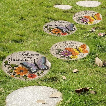 Garden Stepping Stones Outdoor Butterfly Step Stones for Walkway Gardening Gifts Welcome to My Garden Decorative Round Concrete Stones for Outside Yard Stone