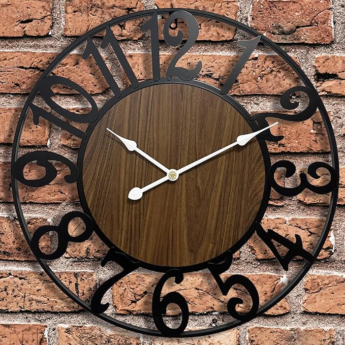 Large Outdoor Clock for Patio - 24 Inch Silent Non-Ticking Outdoor Wall Clock for Garden, Porch, Pool Area - Vintage Farmhouse Wooden & Black Metal Decorative Clock for Living Room, Kitchen