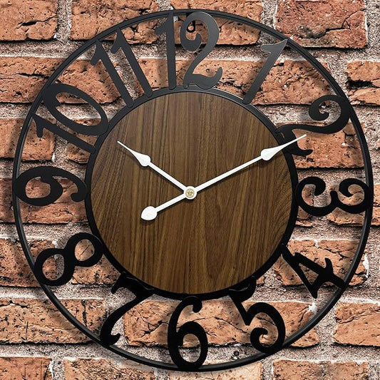 Large Outdoor Clock for Patio - 24 Inch Silent Non-Ticking Outdoor Wall Clock for Garden, Porch, Pool Area - Vintage Farmhouse Wooden & Black Metal Decorative Clock for Living Room, Kitchen