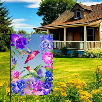 Hummingbirds Garden Flag Double Sided Blue and Red Iris Yard Flag Flowers Floral Birds Leaves Garden Flags Banner for Spring Summer Farmhouse Home Outdoor Decor 12 x 18 Inch
