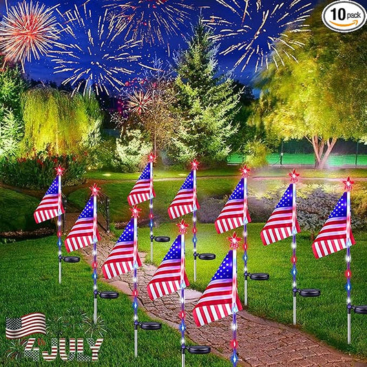10 Pack Solar American Flag Lights Outdoor, 4th of July Decorations Outdoor, Waterproof Solar Flag Patriotic Lights for Yard, Garden, Pathway, Independence Day, 250th Anniversary (Red White and Blue)