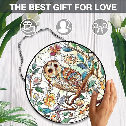 Owl Bird Flower Stained Glass Window Hanging, Owl Gifts for Women, Cottagecore Bird Floral Botanical Suncatchers Sun Catchers Indoor Window Glass Wall Art Decorations, 7.9x7.9in, Patio