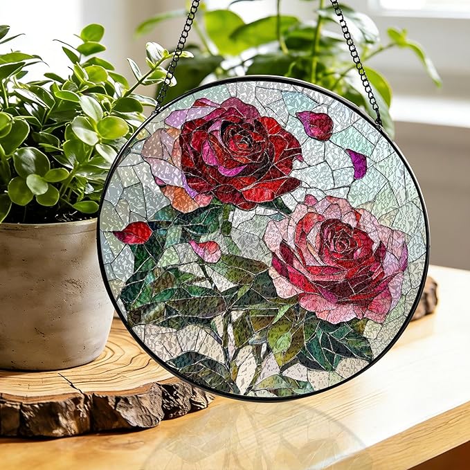 Pink Red Roses Stained Glass Window Hanging Suncatchers Valentine Roses Glass Panel Hangings Vintage Floral Window Decor Flowers Lovers Gift for Women Mom Spring Garden Nature Ornament 9.9inch