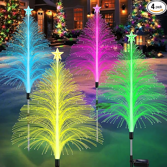MRHEPHAESTUS Solar Christmas Decorations, 4 Pack 38.5 Inch 7 Color Changing Jellyfish Lights with 5 Layer Optical Fiber Solar Flower Lights for Outdoor Xmas Yard Garden Pathway Decor