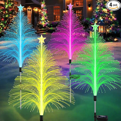 MRHEPHAESTUS Solar Christmas Decorations, 4 Pack 38.5 Inch 7 Color Changing Jellyfish Lights with 5 Layer Optical Fiber Solar Flower Lights for Outdoor Xmas Yard Garden Pathway Decor