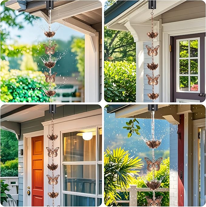 shumi 8.8ft Rain Chain for Gutters Downspouts Outside, 11 Butterfly Cups with 12 Copper Lotus Rain Chain Cups, Functional and Decorative Replacement for Gutter Downspouts