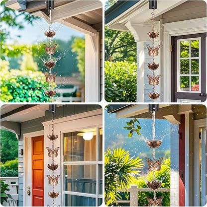 shumi 8.8ft Rain Chain for Gutters Downspouts Outside, 11 Butterfly Cups with 12 Copper Lotus Rain Chain Cups, Functional and Decorative Replacement for Gutter Downspouts