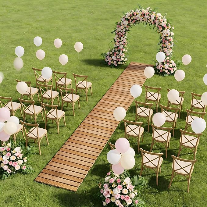 12FT Straight Wooden Garden Pathway Walkway Outdoor Roll Out Decorative Garden Non-Slip Patio Path Decorative Boardwalk Outdoor Road Floor for Backyard Beach Wedding Party