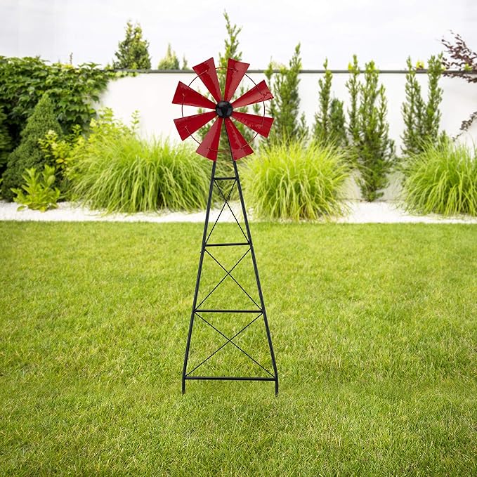Glitzhome Wind Spinners Outdoor Windmill, 44 Inch Red Metal Wind Spinner Yard Stake with Hand Painted Glossy Finish, Outdoor Garden Lawn Patio Flowerbed Decor