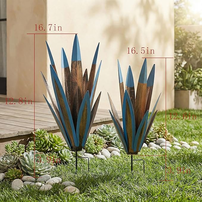 Metal Agave Plant Outdoor Statues 2-Pack Rustic DIY Hand-Painted Metal Yard Art, for Garden Lawn Patio Cactus & Agave Outdoor Decor