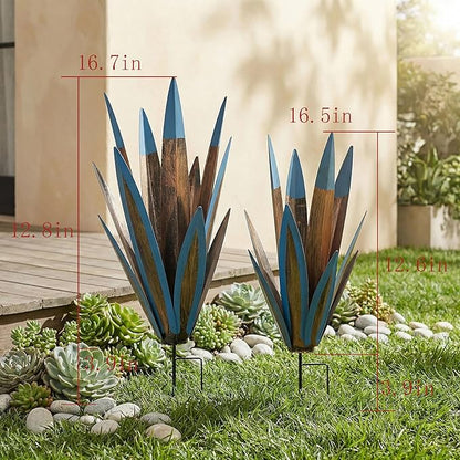 Metal Agave Plant Outdoor Statues 2-Pack Rustic DIY Hand-Painted Metal Yard Art, for Garden Lawn Patio Cactus & Agave Outdoor Decor