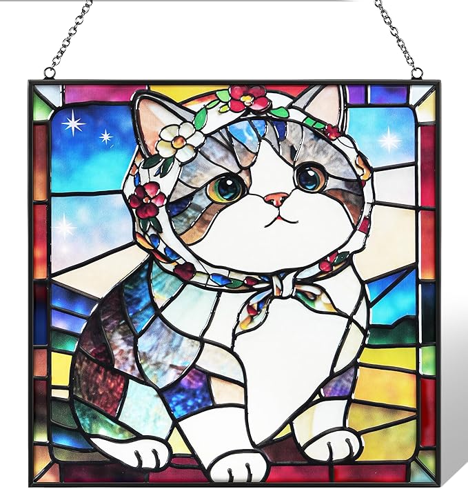 Cat Stained Glass Window Hanging, 7.9" Square Suncatcher with Chain Suction Cup, Cute Kitten Sun Catchers Indoor Window, Colorful Cat Decor for Wall, Porch, Birthday, Tuxedo Cat