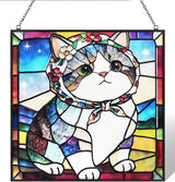 Cat Stained Glass Window Hanging, 7.9" Square Suncatcher with Chain Suction Cup, Cute Kitten Sun Catchers Indoor Window, Colorful Cat Decor for Wall, Porch, Birthday, Tuxedo Cat