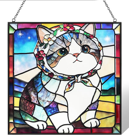 Cat Stained Glass Window Hanging, 7.9" Square Suncatcher with Chain Suction Cup, Cute Kitten Sun Catchers Indoor Window, Colorful Cat Decor for Wall, Porch, Birthday, Tuxedo Cat